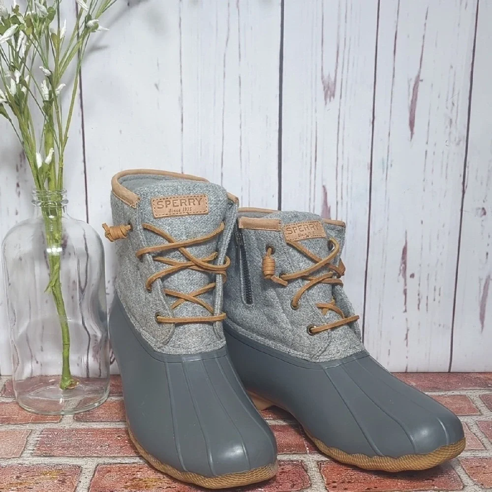 Sperry Top‎ Sider Saltwater Duck Boot Waterproof Wool Gray Tan 3M Thinsulate 10
